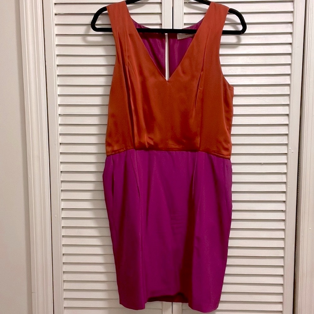 Cluny orange and fuschia colorblocked satin sleeveless dress